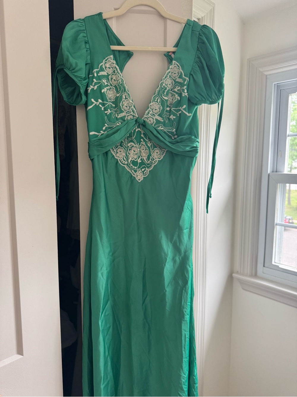 Free People Emerald Green Maxi Dress with White Embroidered V-Detail